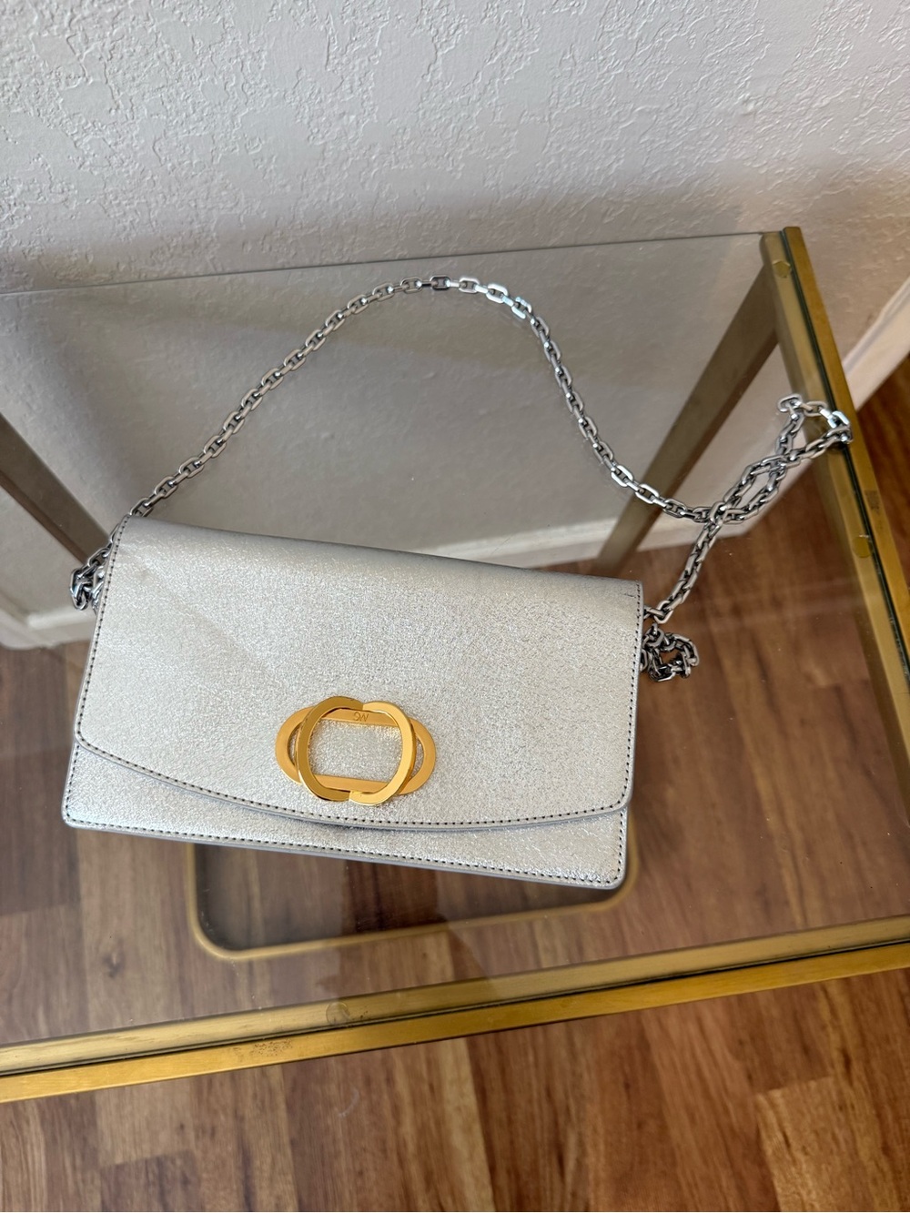 Shimmery Silver Crossbody Bag with Gold Accent Stuart Wietzman